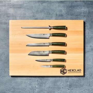 HexClad Essential Knife Set, 6-Piece, Japanese Damascus Stainless Steel Blades, Full Tang Construction, Pakkawood Handles