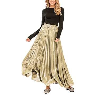 CHARTOU Women's Premium Metallic Shiny Shimmer Accordion Pleated Long Maxi Skirt (Large, Champagne)