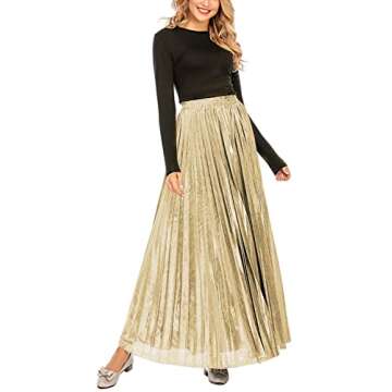 CHARTOU Women's Premium Metallic Shiny Shimmer Accordion Pleated Long Maxi Skirt (Large, Champagne)