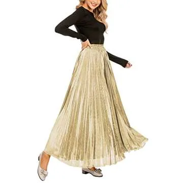 CHARTOU Women's Premium Metallic Shiny Shimmer Accordion Pleated Long Maxi Skirt (Large, Champagne)