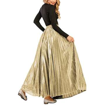 CHARTOU Women's Premium Metallic Shiny Shimmer Accordion Pleated Long Maxi Skirt (Large, Champagne)