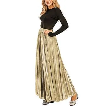 CHARTOU Women's Premium Metallic Shiny Shimmer Accordion Pleated Long Maxi Skirt (Large, Champagne)