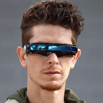 FLAWLESS EYEWEAR Futuristic Space Alien Costume Party Cyclops Shield Colored Mirror Mono Lens Wrap Sunglasses 147mm (BlueMirror - SilverMirror - GreenMirror, 147) (Blue Mirror)