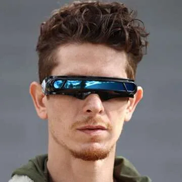 FLAWLESS EYEWEAR Futuristic Space Alien Costume Party Cyclops Shield Colored Mirror Mono Lens Wrap Sunglasses 147mm (BlueMirror - SilverMirror - GreenMirror, 147) (Blue Mirror)