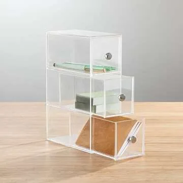 mDesign Plastic Stackable Desktop Organizer Tower Storage Station with 3 Drawers for Home Office - Holds Pens, Sticky Notes, Binder Clips, Notepads, Gel Pens, or Erasers - Lumiere Collection - Clear