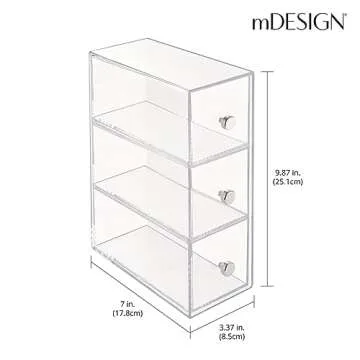 mDesign Plastic Stackable Desktop Organizer Tower Storage Station with 3 Drawers for Home Office - Holds Pens, Sticky Notes, Binder Clips, Notepads, Gel Pens, or Erasers - Lumiere Collection - Clear