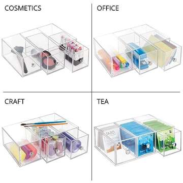 mDesign Plastic Stackable Desktop Organizer Tower Storage Station with 3 Drawers for Home Office - Holds Pens, Sticky Notes, Binder Clips, Notepads, Gel Pens, or Erasers - Lumiere Collection - Clear