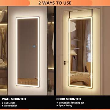 LVSOMT Full Length Mirror with LED Lights, 47"x14" Full Body Lighted Mirror, Over The Door Hanging Mirror, Wall Mounted Mirror, Light Up Mirror for Bedroom, Living Room (White+LED)