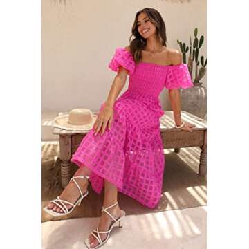 PRETTYGARDEN Women's Casual Summer Dress - Puffy Sleeve, Square Neck, Tiered A Line Style (Plaid Ros...