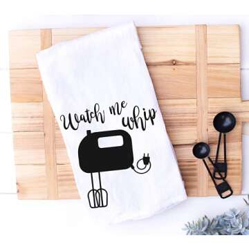 Handmade Funny Kitchen Towel - Kitchen Puns Funny Hand Towel for Baker, Watch Me Whip - 28x28 Inch P...