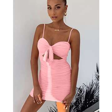 BORIFLORS Women's Sexy Bodycon Cut Out Ruched Backless Spaghetti Strap Mini Club Party Dresses, Small, Pink