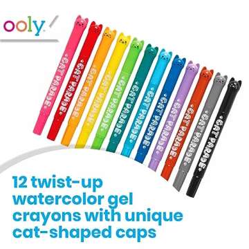 Ooly Cat Parade Gel Crayons for Kids and Adults - Set of 12 Rainbow Color Crayons for Glass and Paper Surfaces with Cat-Shaped, Twist-Up Caps - Easy To Clean, Smooth Gliding Gel Crayon Set