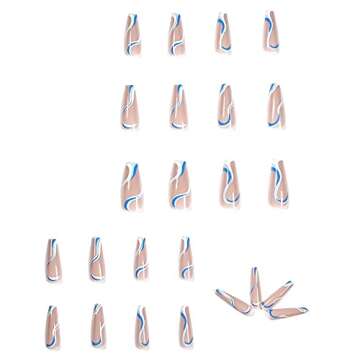 Hzacye 24 Pcs Press on Nails, Fake Nails with Designs, False Nails with Nail Glue on Nails for Women (Long-Nude and Blue Swirl)