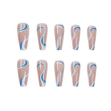 Hzacye 24 Pcs Press on Nails, Fake Nails with Designs, False Nails with Nail Glue on Nails for Women (Long-Nude and Blue Swirl)