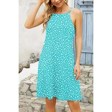 MITILLY Women's Halter Neck Boho Floral Print Loose Casual Sleeveless Short Dress