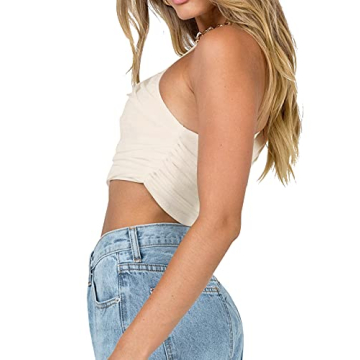 LYANER Women's One Shoulder Ruched Crop Top in Beige