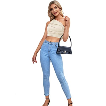 LYANER Women's One Shoulder Ruched Crop Top in Beige