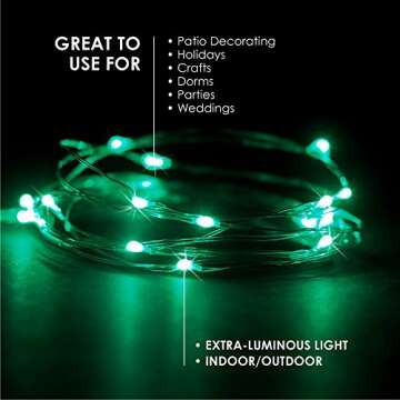 RTGS 2 Sets 20 LEDs Green Color String Lights - Indoor & Outdoor 6.5 Feet Silver Wire Fairy Lights