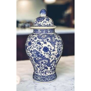 20" Classic Blue and White Porcelain Floral Temple Dragon Jar Vase, China Ming Style, Jingdezhen