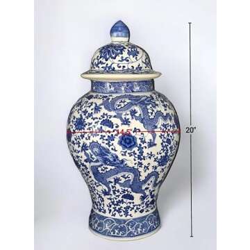 20" Classic Blue and White Porcelain Floral Temple Dragon Jar Vase, China Ming Style, Jingdezhen