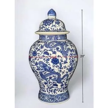 20" Classic Blue and White Porcelain Floral Temple Dragon Jar Vase, China Ming Style, Jingdezhen