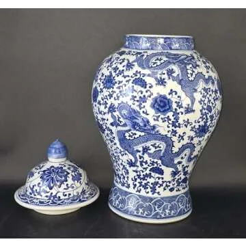 20" Classic Blue and White Porcelain Floral Temple Dragon Jar Vase, China Ming Style, Jingdezhen