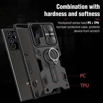 Nillkin CamShield Armor Samsung S22 Ultra Case with Kickstand & Camera Lens Cover, Shockproof Hard PC Back and Soft Silicone Bumper Hybrid Protective Cover for Galaxy S22 Ultra 6.8'' Black