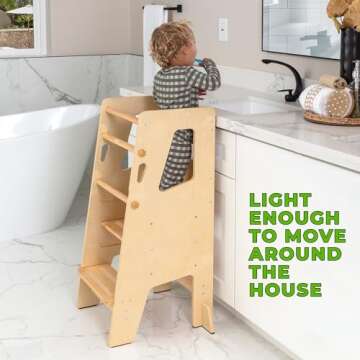 Toddler Standing Tower - Adjustable Height Toddler Kitchen Stool Helper - Ideal Kids Kitchen Step Stool for Learning New Skills - 2024 Design with Safety Feet - Varnished