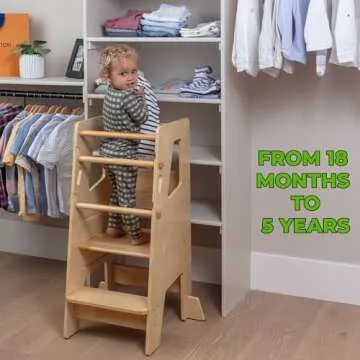 Toddler Standing Tower - Adjustable Height Toddler Kitchen Stool Helper - Ideal Kids Kitchen Step Stool for Learning New Skills - 2024 Design with Safety Feet - Varnished