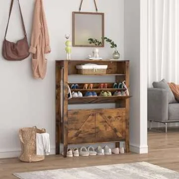 UVANIOHOM Shoe Cabinet with 2 Flip Drawers & Open Storage, Shoe Storage Cabinet with 2-Position Adjustable Shelf, Slim Freestanding Shoe Cabinet Organizer & Shoe Rack Cabinet for Entryway/Foyer, Brown