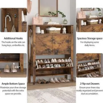 UVANIOHOM Shoe Cabinet with 2 Flip Drawers & Open Storage, Shoe Storage Cabinet with 2-Position Adjustable Shelf, Slim Freestanding Shoe Cabinet Organizer & Shoe Rack Cabinet for Entryway/Foyer, Brown