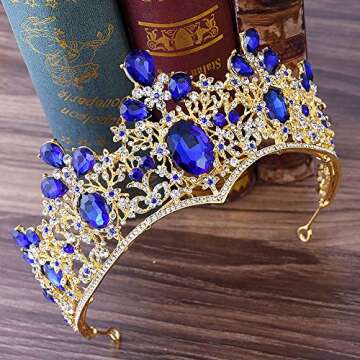 Baroque Royal Queen Gold Wedding Crown Crystal Quinceanera Princess Tiara Headbands for Women Bridal Party Birthday Headpieces (Blue)