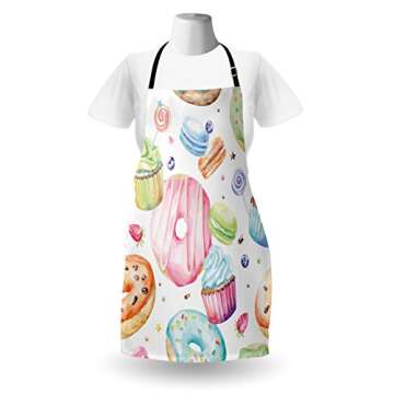 Lunarable Sweets Apron, Delicious Macaron Cupcakes Donuts Muffins Sugar Tasty Yummy Watercolor Desig...