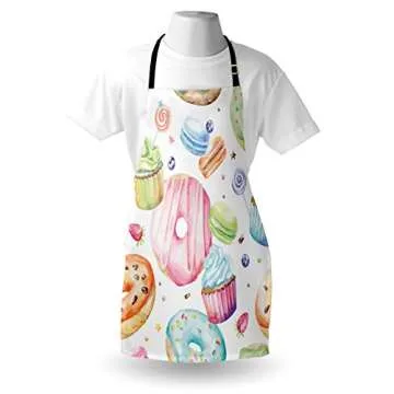 Lunarable Sweets Apron, Delicious Macaron Cupcakes Donuts Muffins Sugar Tasty Yummy Watercolor Design Print, Unisex Kitchen Bib with Adjustable Neck for Cooking Gardening, Adult Size, Green Pink