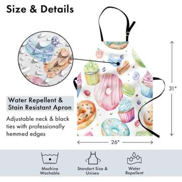 Lunarable Sweets Apron, Delicious Macaron Cupcakes Donuts Muffins Sugar Tasty Yummy Watercolor Design Print, Unisex Kitchen Bib with Adjustable Neck for Cooking Gardening, Adult Size, Green Pink