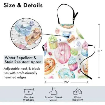 Lunarable Sweets Apron, Delicious Macaron Cupcakes Donuts Muffins Sugar Tasty Yummy Watercolor Design Print, Unisex Kitchen Bib with Adjustable Neck for Cooking Gardening, Adult Size, Green Pink