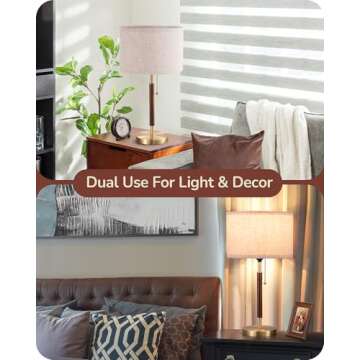 EDISHINE Mid Century Table Lamp, Bedside Lamp with Pull Chain Switch, Solid Wood & Metal Pole, Moder...