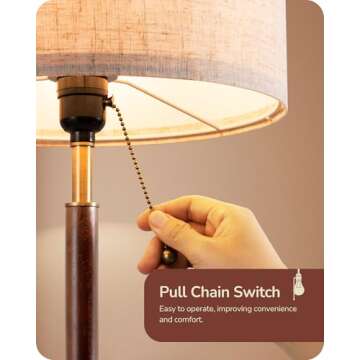 EDISHINE Mid Century Table Lamp, Bedside Lamp with Pull Chain Switch, Solid Wood & Metal Pole, Modern Nightstand Table Lamp for Living Room, Bedroom, Office, Frosted Bronze & Wood Finish