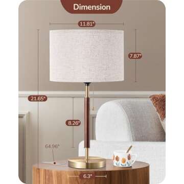 EDISHINE Mid Century Table Lamp, Bedside Lamp with Pull Chain Switch, Solid Wood & Metal Pole, Modern Nightstand Table Lamp for Living Room, Bedroom, Office, Frosted Bronze & Wood Finish