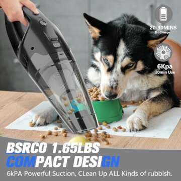 BSRCO Handheld Vacuum Cordless, Lightweight 1.65 lbs Car Vacuum, USB Charge, LED Light, Washable HEP...