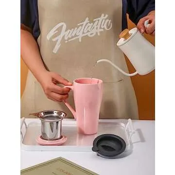 ARRADEN Tea Cup with Infuser and Lid, 18oz Large Tea Infuser Mug, Ceramic Loose Leaf Tea Mug with Silicone Lid, Tea Strainer Cup for Women, Man, Christmas, Gifts (Pink)