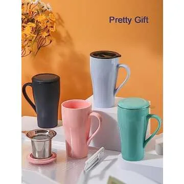 ARRADEN Tea Cup with Infuser and Lid, 18oz Large Tea Infuser Mug, Ceramic Loose Leaf Tea Mug with Silicone Lid, Tea Strainer Cup for Women, Man, Christmas, Gifts (Pink)
