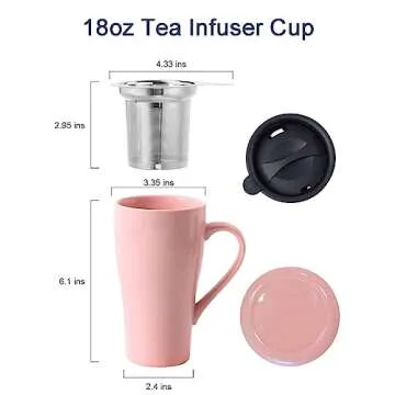 ARRADEN Tea Cup with Infuser and Lid, 18oz Large Tea Infuser Mug, Ceramic Loose Leaf Tea Mug with Silicone Lid, Tea Strainer Cup for Women, Man, Christmas, Gifts (Pink)