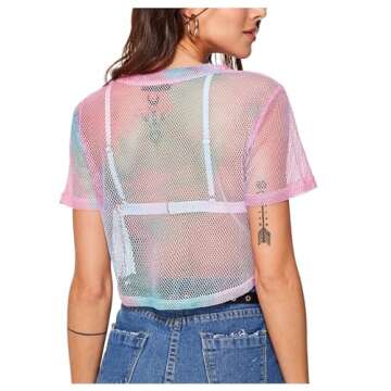 SweatyRocks Women's Sexy Sheer Mesh Fishnet Net Short Sleeve T-Shirt Crop Top (Large, Pink)