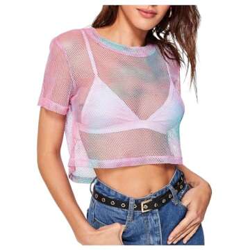 SweatyRocks Women's Sexy Sheer Mesh Fishnet Net Short Sleeve T-Shirt Crop Top (Large, Pink)