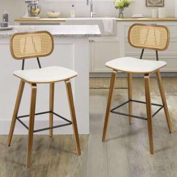 Counter Height Bar Stools Set of 2, Mid Century Modern Counter Stools, 26" Wood Kitchen Stool PU Lea...