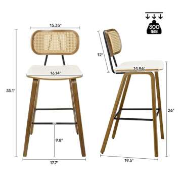 Counter Height Bar Stools Set of 2, Mid Century Modern Counter Stools, 26" Wood Kitchen Stool PU Leather Upholstered Barstool with Rattan Back, Counter Height Island Dining Bar Chair, Cream White