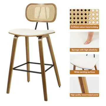 Counter Height Bar Stools Set of 2, Mid Century Modern Counter Stools, 26" Wood Kitchen Stool PU Leather Upholstered Barstool with Rattan Back, Counter Height Island Dining Bar Chair, Cream White