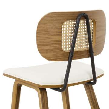 Counter Height Bar Stools Set of 2, Mid Century Modern Counter Stools, 26" Wood Kitchen Stool PU Leather Upholstered Barstool with Rattan Back, Counter Height Island Dining Bar Chair, Cream White