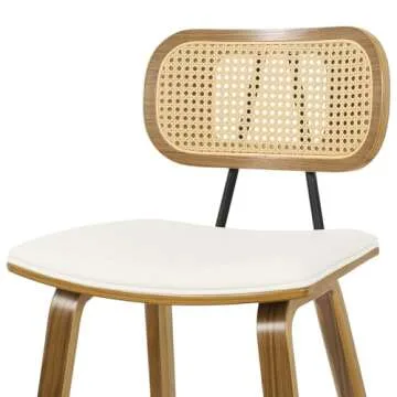 Counter Height Bar Stools Set of 2, Mid Century Modern Counter Stools, 26" Wood Kitchen Stool PU Leather Upholstered Barstool with Rattan Back, Counter Height Island Dining Bar Chair, Cream White